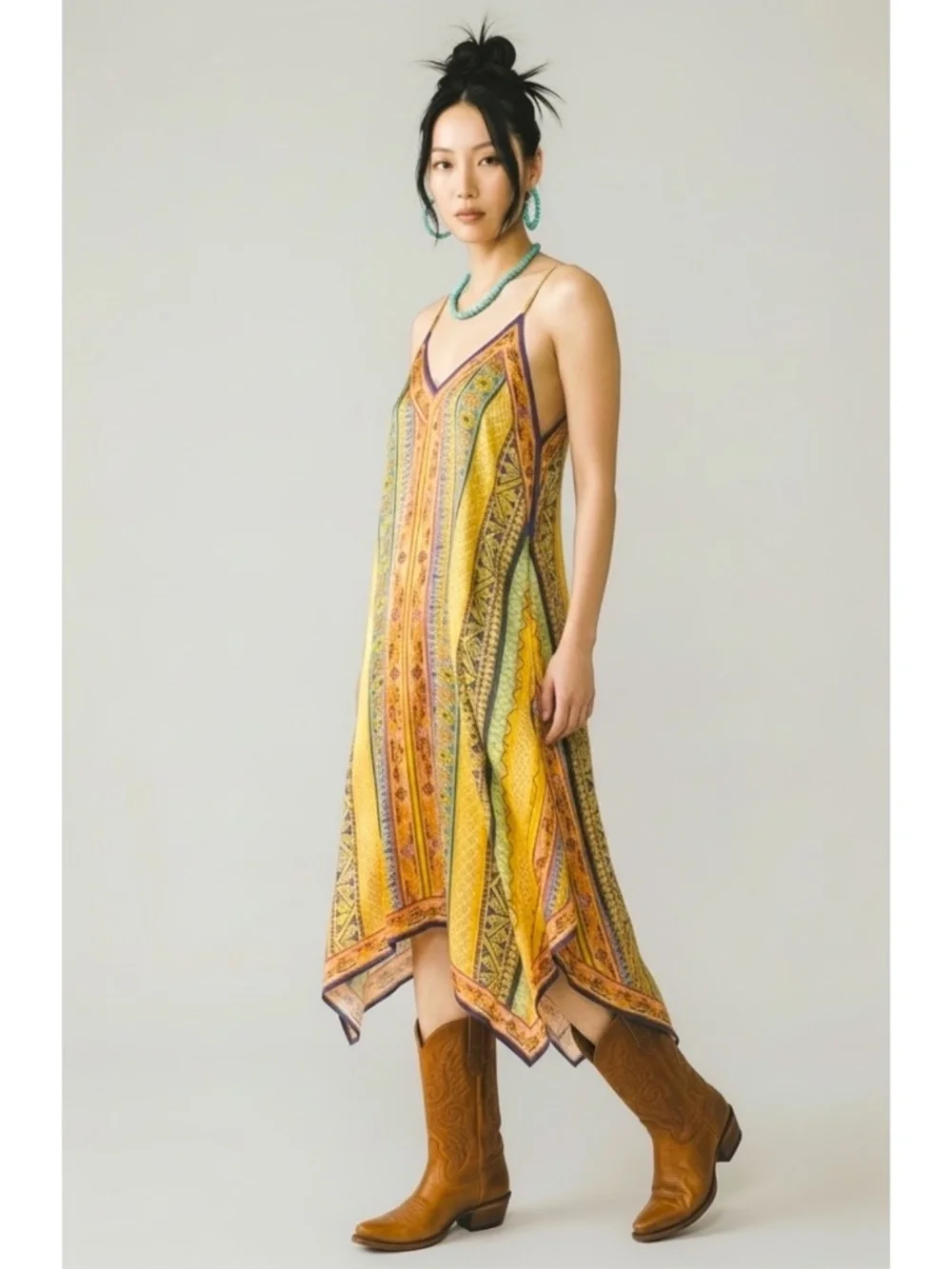Flying Tomato Yellow Boho Print Handkerchief Hem Midi Dress | V Neck Sleeveless - Picture 4 of 5